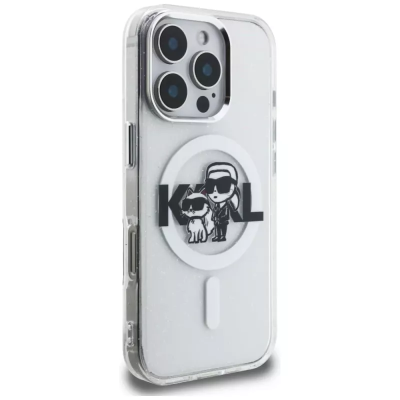 Karl Lagerfeld IML Glitter Karl & Choupette Sketch Logo MagSafe Case für iPhone 16 Pro Max Transparent
