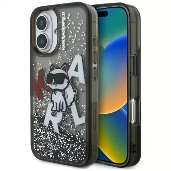 KARL LAGERFELD Liquid Glitter Choupette Logo Case für iPhone 16, Schwarz