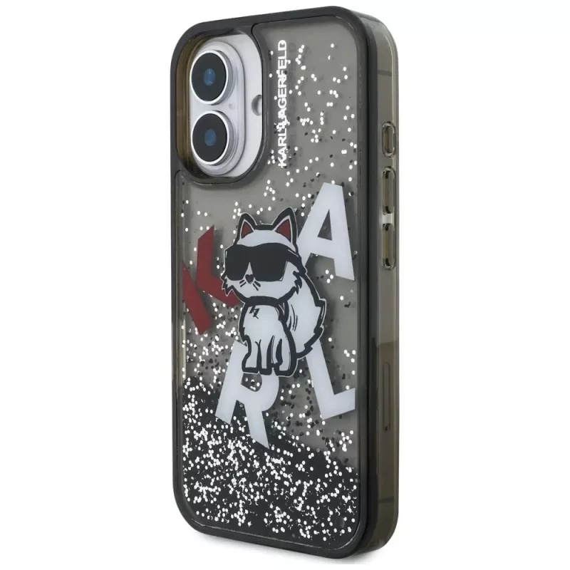 KARL LAGERFELD Liquid Glitter Choupette Logo Case für iPhone 16, Schwarz