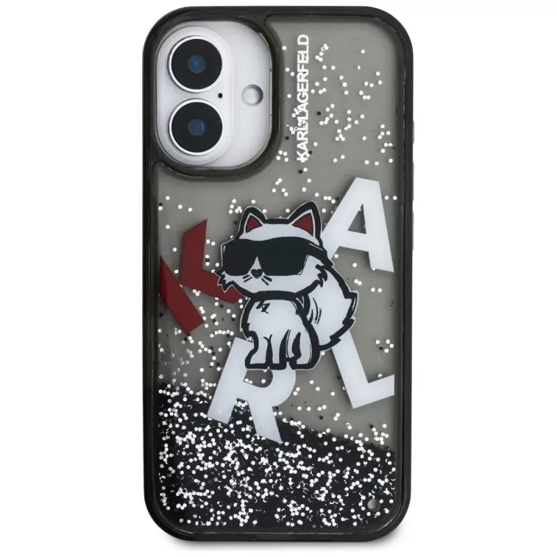 KARL LAGERFELD Liquid Glitter Choupette Logo Case für iPhone 16, Schwarz