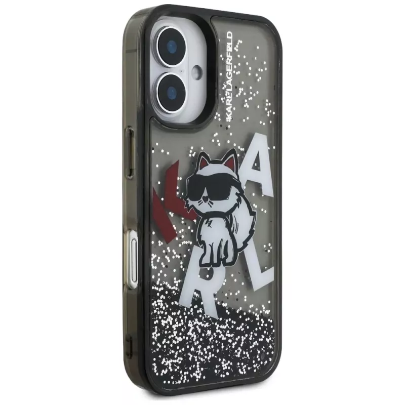 KARL LAGERFELD Liquid Glitter Choupette Logo Case für iPhone 16, Schwarz
