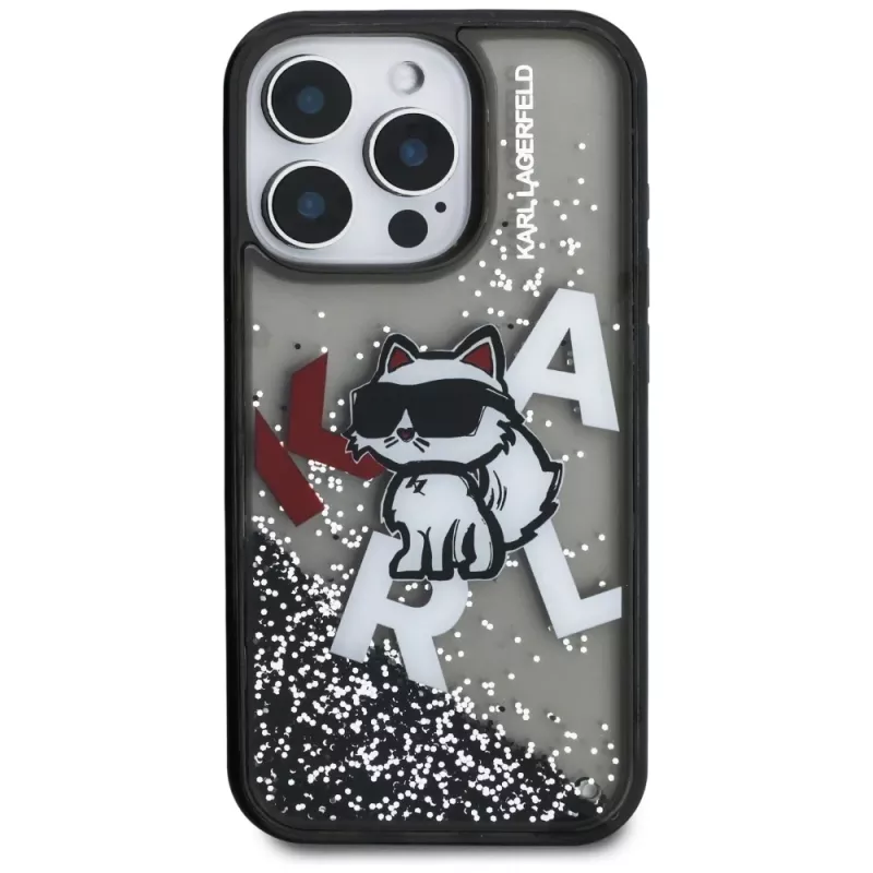 KARL LAGERFELD Liquid Glitter Choupette Logo Case für iPhone 16 Pro, Schwarz