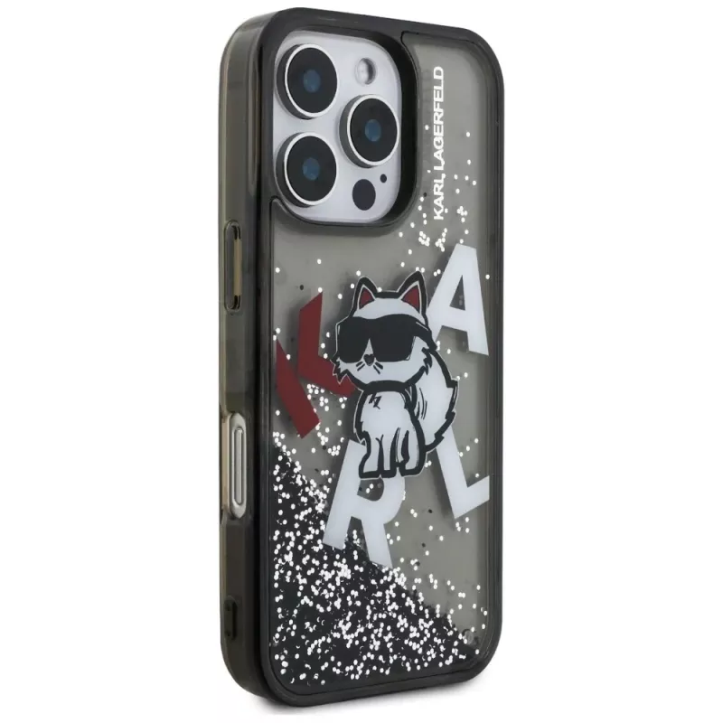 KARL LAGERFELD Liquid Glitter Choupette Logo Case für iPhone 16 Pro, Schwarz