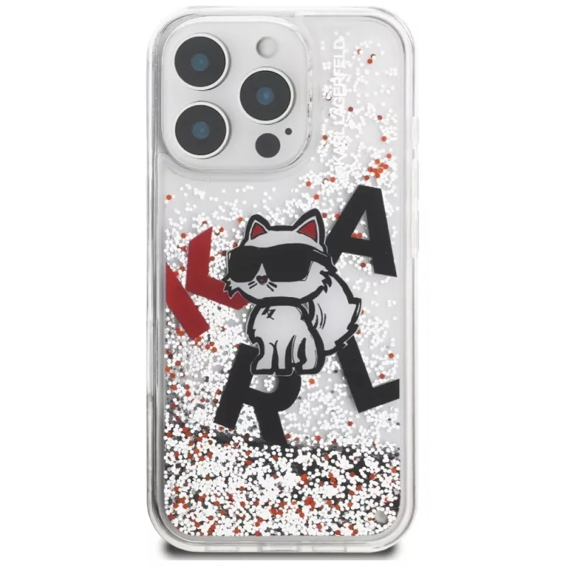 KARL LAGERFELD Liquid Glitter Choupette Logo Case für iPhone 16 Pro, Transparent