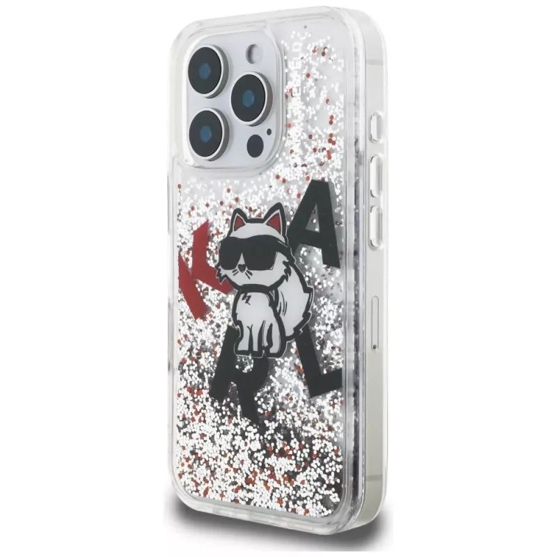 Karl Lagerfeld Liquid Glitter Choupette Logo Case für Apple iPhone 16 Pro Max, Transparent