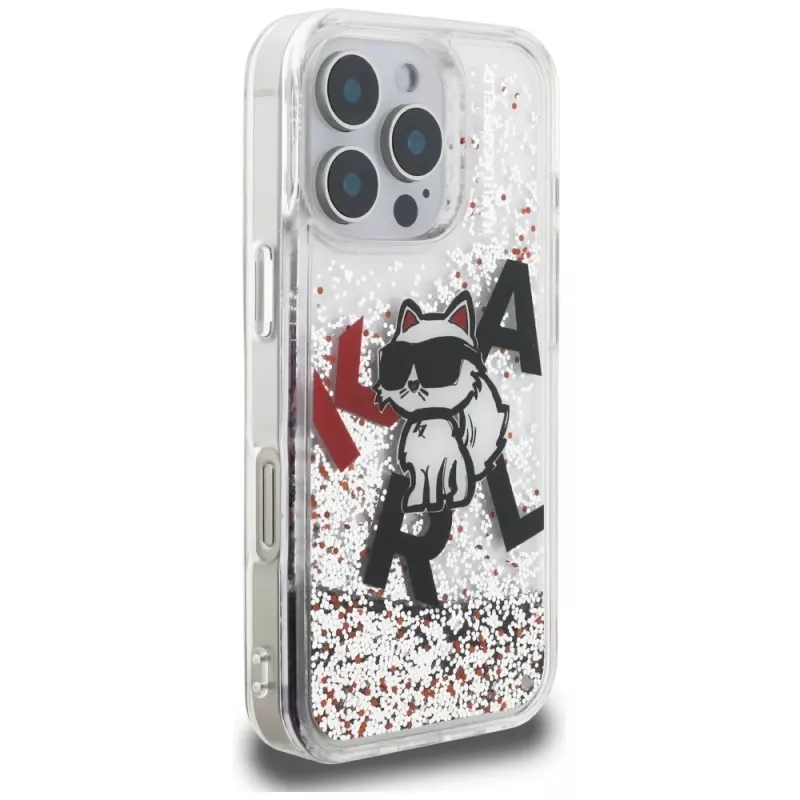 Karl Lagerfeld Liquid Glitter Choupette Logo Case für Apple iPhone 16 Pro Max, Transparent