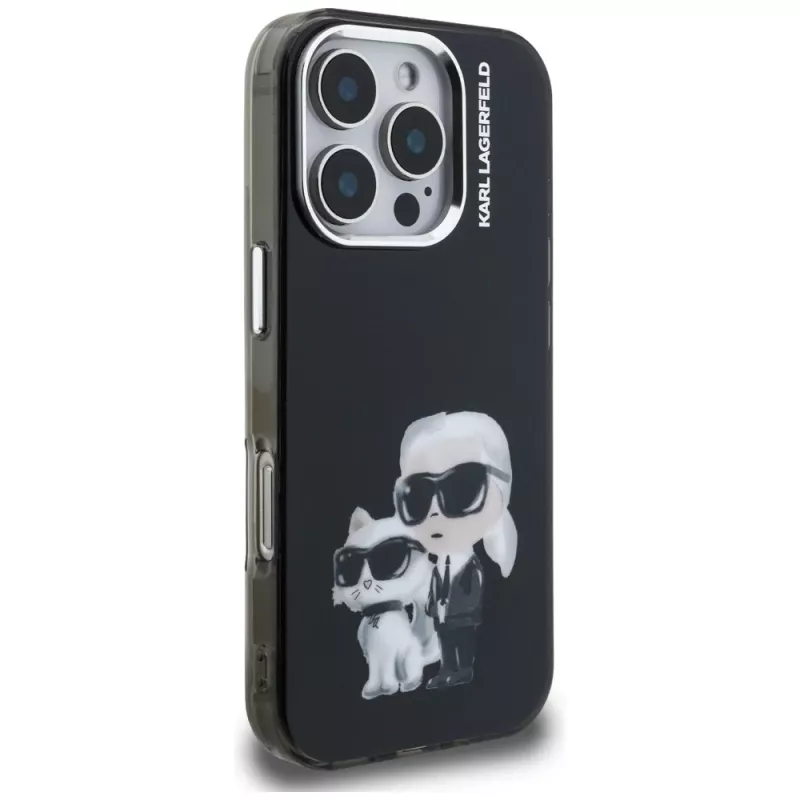 Karl Lagerfeld IML Aquarelle Karl & Choupette & Logo Case für Apple iPhone 16 Pro Max, Schwarz