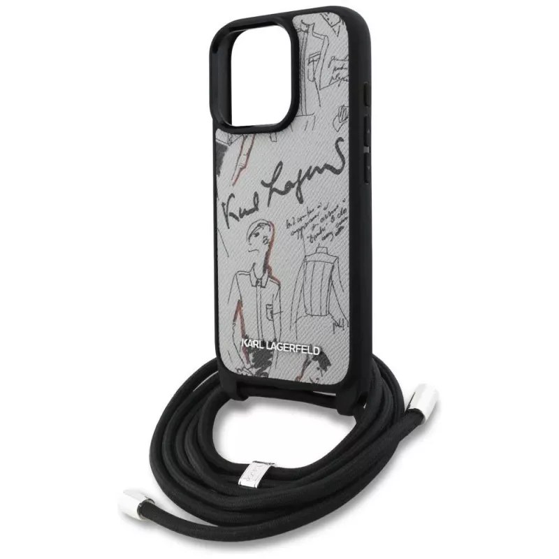 Karl Lagerfeld Crossbody Case mit genarbtem Muster & Logo für iPhone 16 Pro Max, Grau