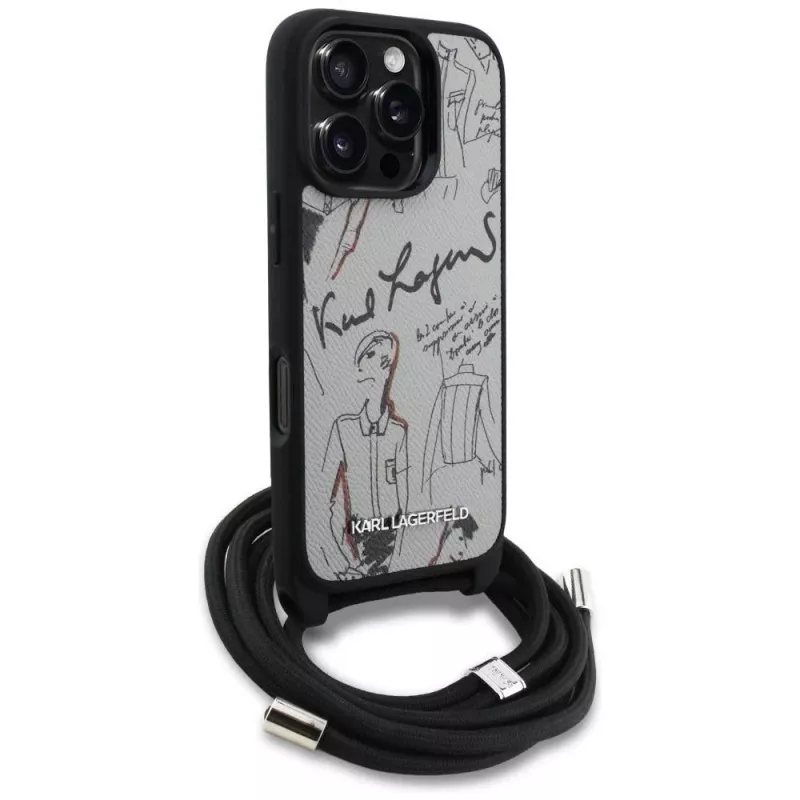 Karl Lagerfeld Crossbody Case mit genarbtem Muster & Logo für iPhone 16 Pro Max, Grau
