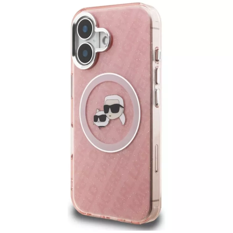 KARL LAGERFELD IML Glitter Karl & Choupette Heads Logo MagSafe Case für Apple iPhone 16 - Pink