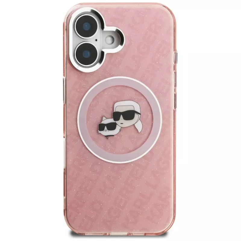KARL LAGERFELD IML Glitter Karl & Choupette Heads Logo MagSafe Case für Apple iPhone 16 - Pink