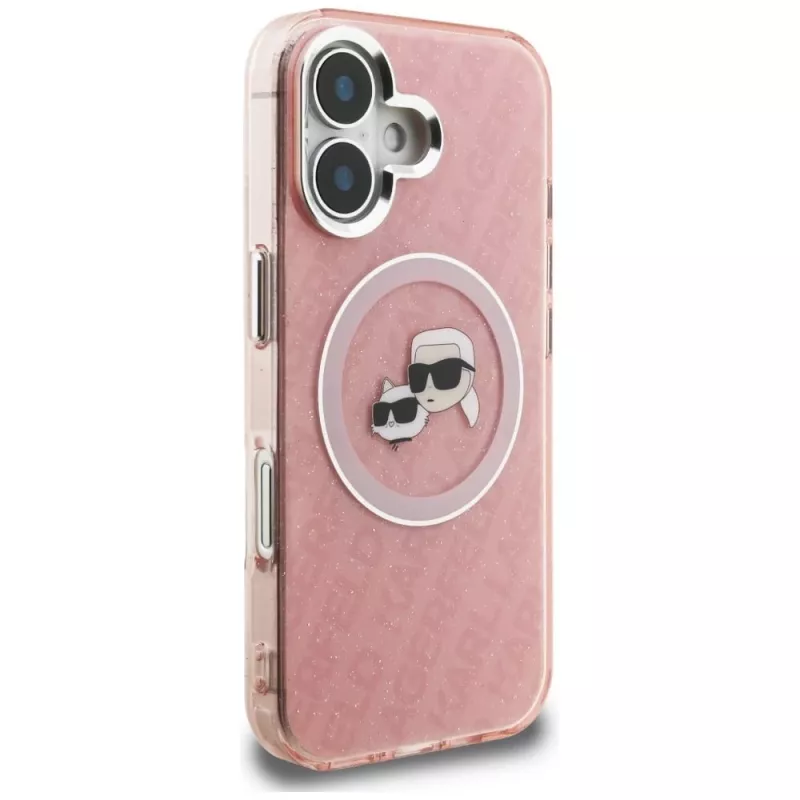 KARL LAGERFELD IML Glitter Karl & Choupette Heads Logo MagSafe Case für Apple iPhone 16 - Pink