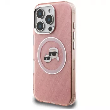 Karl Lagerfeld IML Glitter Karl & Choupette Heads Logo MagSafe Case für iPhone 16 Pro Pink