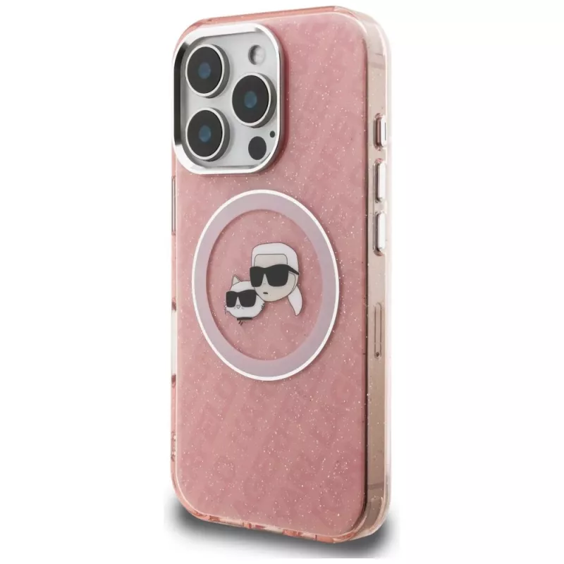 Karl Lagerfeld IML Glitter Karl & Choupette Heads Logo MagSafe Case für iPhone 16 Pro Pink