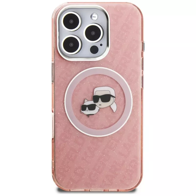 Karl Lagerfeld IML Glitter Karl & Choupette Heads Logo MagSafe Case für iPhone 16 Pro Pink
