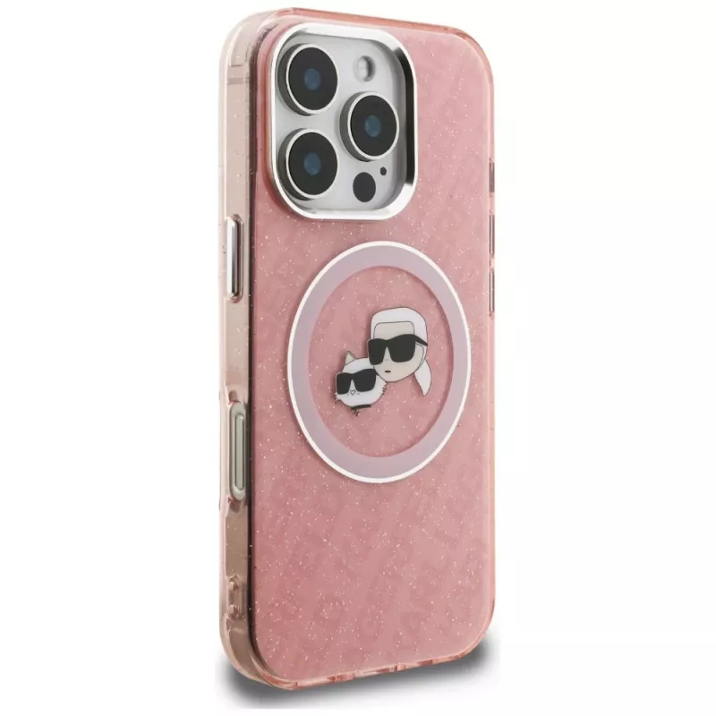 Karl Lagerfeld IML Glitter Karl & Choupette Heads Logo MagSafe Case für iPhone 16 Pro Pink