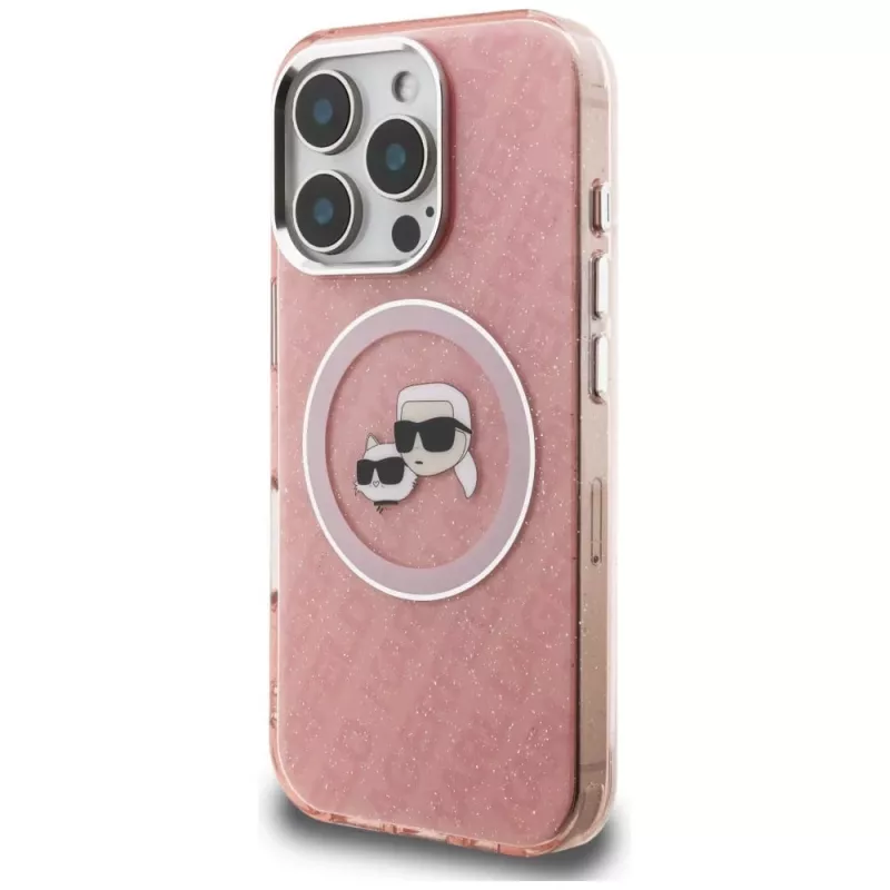 KARL LAGERFELD IML Glitter Karl & Choupette Heads Logo MagSafe Case für iPhone 16 Pro Max, Pink