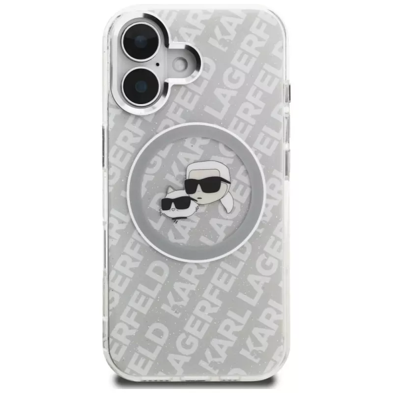 KARL LAGERFELD IML Glitter Karl & Choupette Heads Logo MagSafe Case für iPhone 16, Grau