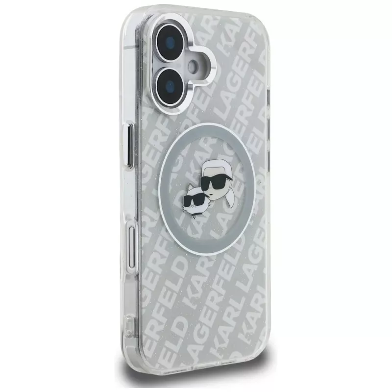 KARL LAGERFELD IML Glitter Karl & Choupette Heads Logo MagSafe Case für iPhone 16, Grau