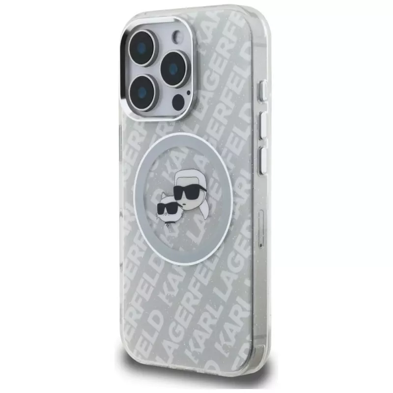 KARL LAGERFELD IML Glitter Karl & Choupette Heads Logo MagSafe Case für iPhone 16 Pro Max Grau