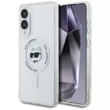 Karl Lagerfeld Button Choupette Head Printed Logo MagSafe Case für Samsung Galaxy S25 Edge Weiß