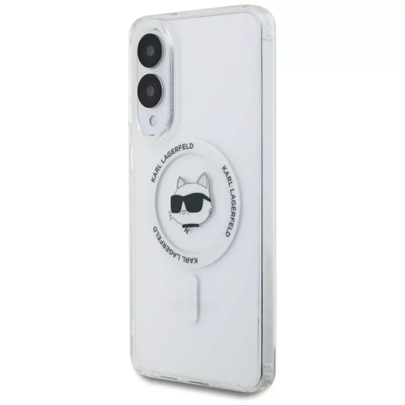 Karl Lagerfeld Button Choupette Head Printed Logo MagSafe Case für Samsung Galaxy S25 Edge Weiß