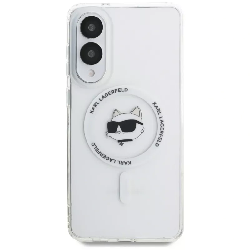 Karl Lagerfeld Button Choupette Head Printed Logo MagSafe Case für Samsung Galaxy S25 Edge Weiß