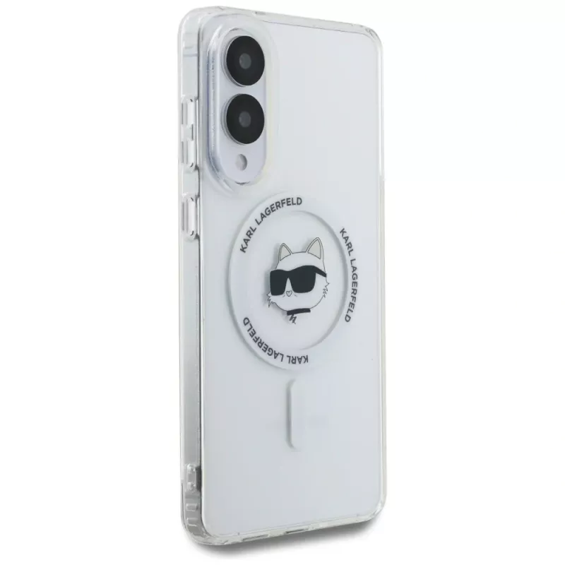 Karl Lagerfeld Button Choupette Head Printed Logo MagSafe Case für Samsung Galaxy S25 Edge Weiß