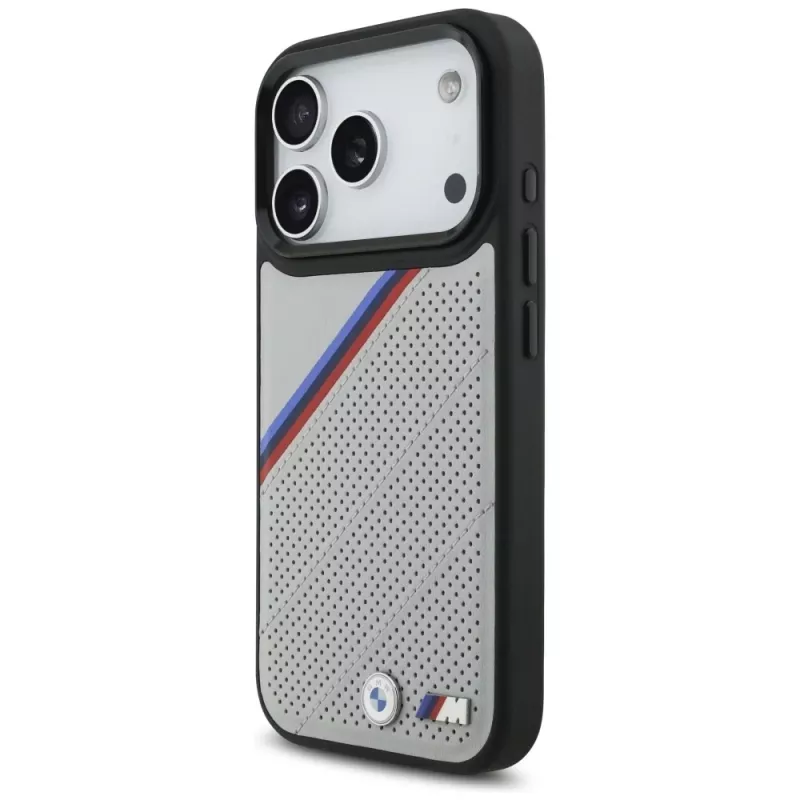 BMW M Tricolor Metal Logo MagSafe Case für iPhone 17 Pro Grau