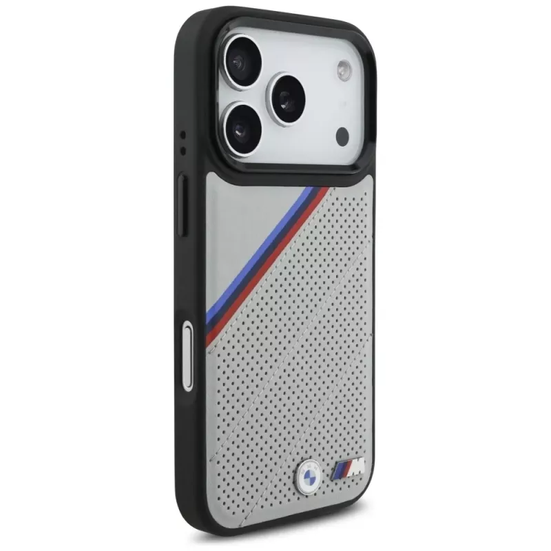 BMW M Tricolor Metal Logo MagSafe Case für iPhone 17 Pro Grau