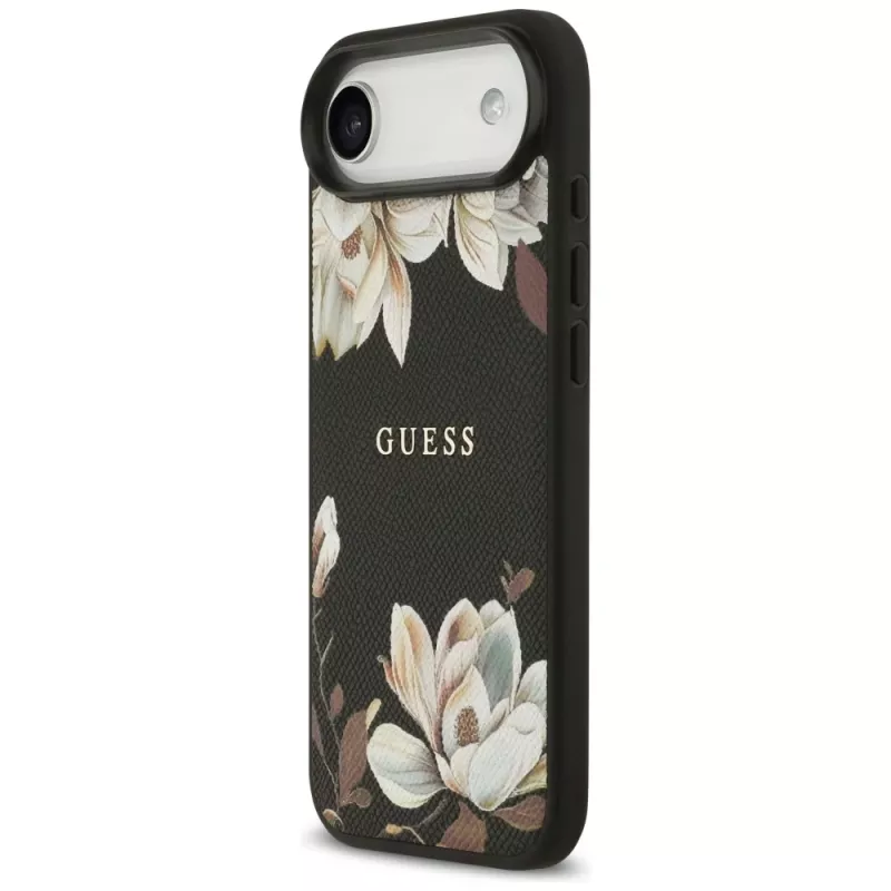 Guess Grained Flowers Classic Logo MagSafe Case für Apple iPhone Air - Schwarz