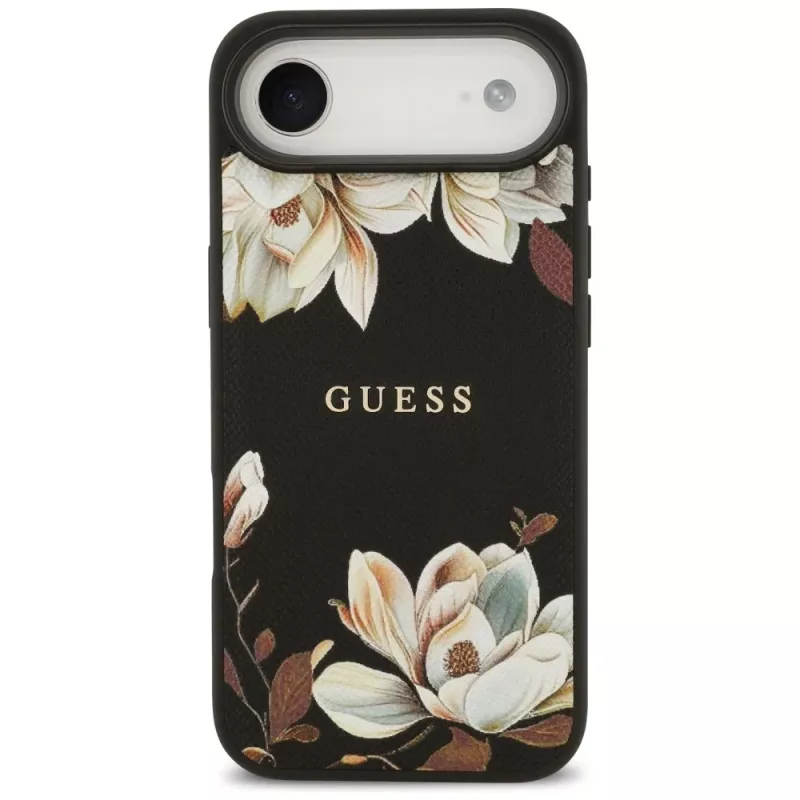 Guess Grained Flowers Classic Logo MagSafe Case für Apple iPhone Air - Schwarz