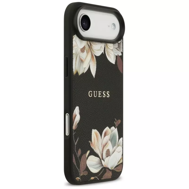 Guess Grained Flowers Classic Logo MagSafe Case für Apple iPhone Air - Schwarz