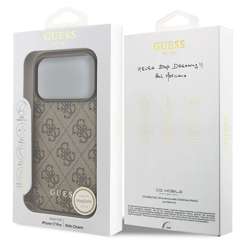 Guess 4G Charms Collection MagSafe Case für iPhone 17 Pro (Braun)