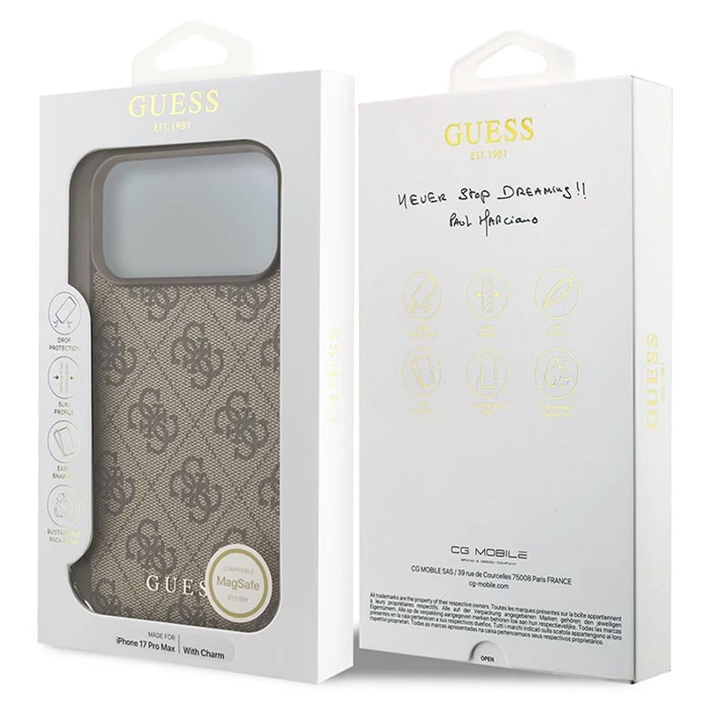 Guess 4G Charms Collection MagSafe Case für iPhone 17 Pro Max (Braun)