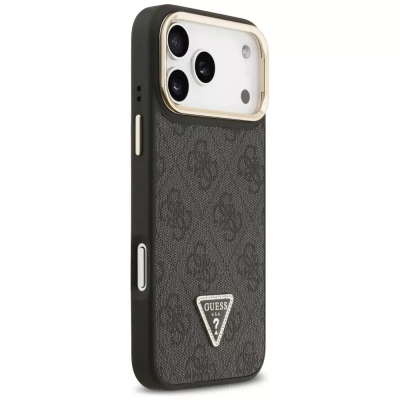 Guess 4G PU Triangle Logo & Stand Camera Magsafe Case für iPhone 17 Pro Max Schwarz
