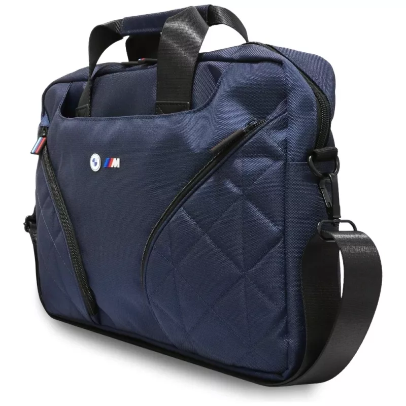 BMW Nylon Laptop Messenger Bag with Metal Logo, Navy Blue, 16 inch