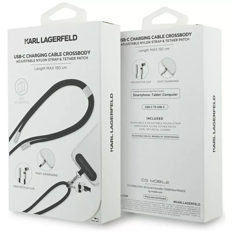 Karl Lagerfeld Ikonik Charm USB-C auf USB-C Kabel mit Lanyard, 1,2 m, Schwarz
