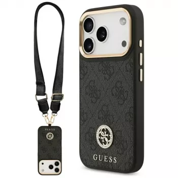 Guess 4G Strass Logo & Big Strap Metal Buttons MagSafe Case für iPhone 17 Pro Schwarz