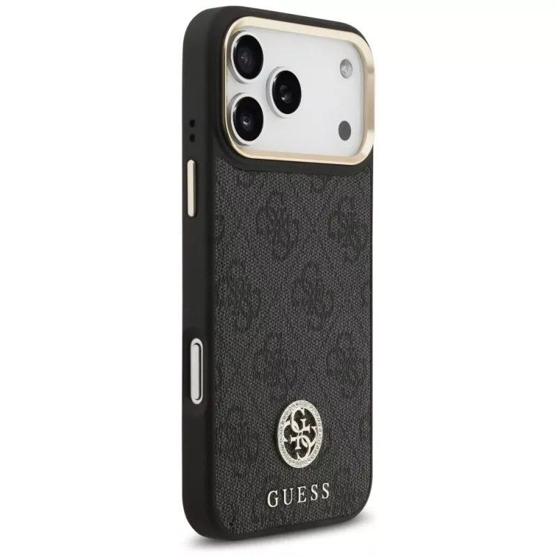 Guess 4G Strass Logo & Big Strap Metal Buttons MagSafe Case für iPhone 17 Pro Max Schwarz