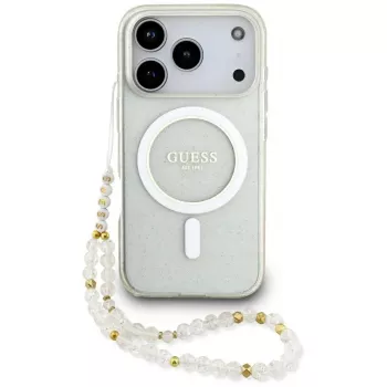 Guess IML Glitter Pearl Strap MagSafe Case für iPhone 17 Pro, Transparent