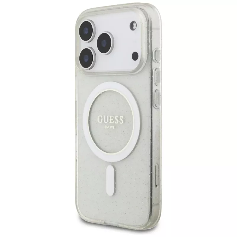 Guess IML Glitter Pearl Strap MagSafe Case für iPhone 17 Pro, Transparent