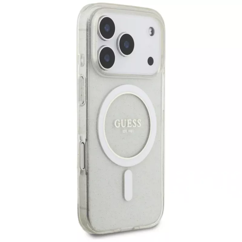 Guess IML Glitter Pearl Strap MagSafe Case für iPhone 17 Pro, Transparent
