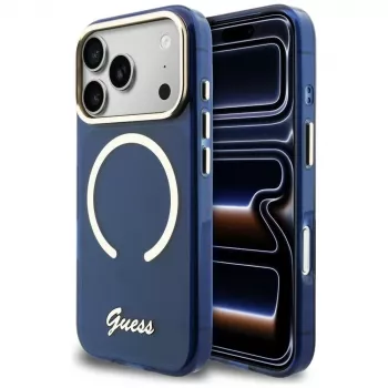 Guess IML Script Metal MagSafe Case für iPhone 17 Pro Blau