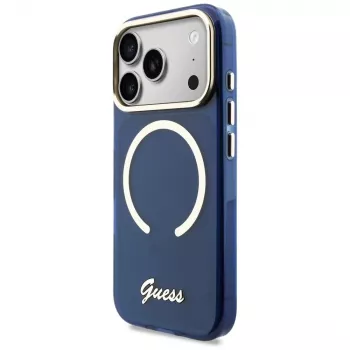 Guess IML Script Metal MagSafe Case für iPhone 17 Pro Blau