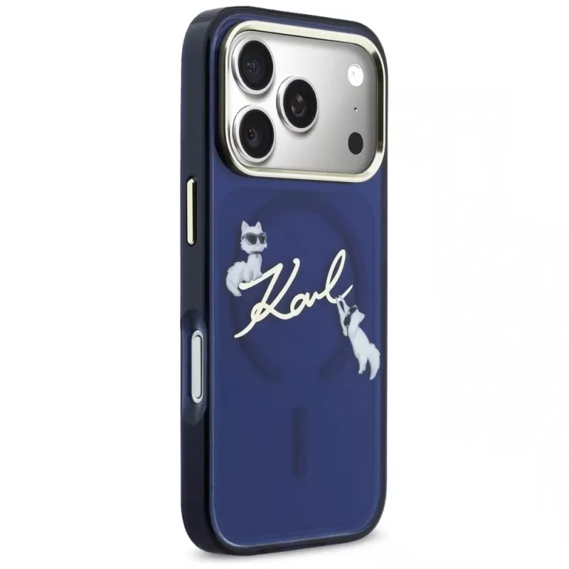 Karl Lagerfeld IML Choupettes KarlScript Logo MagSafe Case für iPhone 17 Pro, Blau