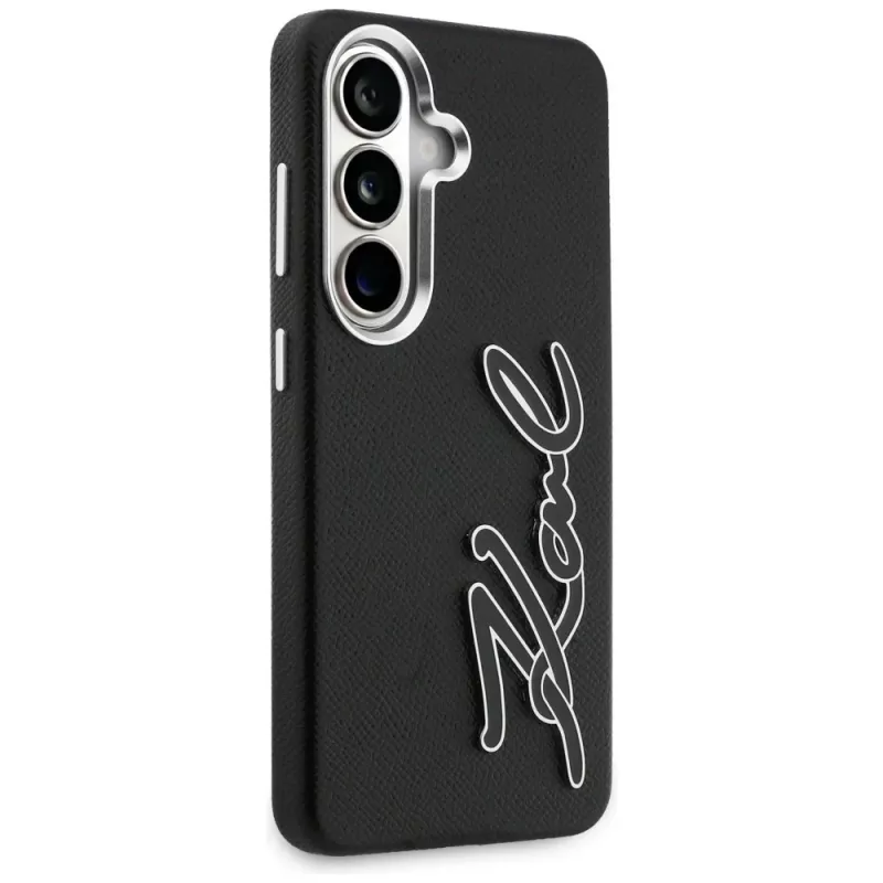 KARL LAGERFELD Grained Signature Metal Resin Logo Case für Samsung Galaxy S26, Schwarz