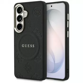 Guess Saffiano Peony Embossed Ring MagSafe Case für Samsung Galaxy S26 Schwarz