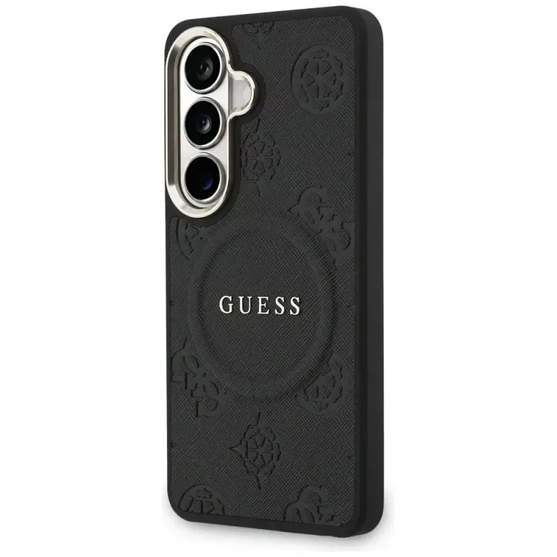 Guess Saffiano Peony Embossed Ring MagSafe Case für Samsung Galaxy S26 Schwarz