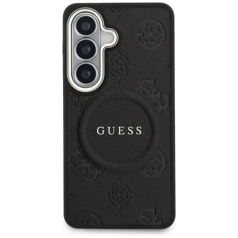 Guess Saffiano Peony Embossed Ring MagSafe Case für Samsung Galaxy S26 Schwarz